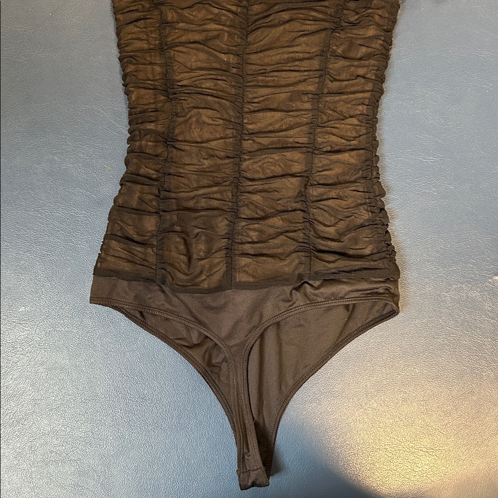 MAJORELLE sz S Black mesh Tan Lined snap thong sexy bodysuit lace up & Tie front - Picture 6 of 6
